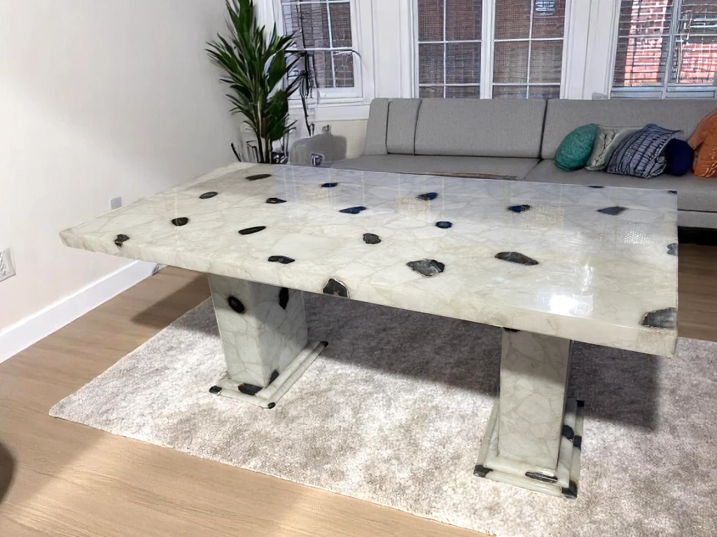 White Quartz Agate Dining Table Top Handmade Luxury Furniture